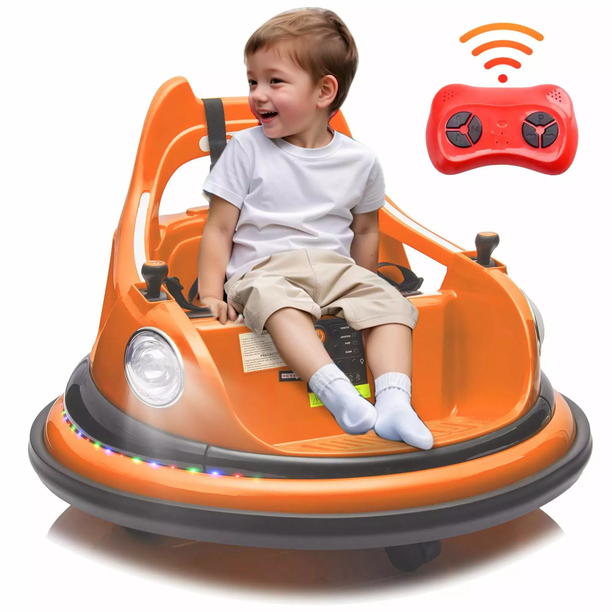 12V Bumper Car for Kids Girls and Boys Ride on Toy for 1-5 Years Old with Remote Control. Bluetooth. Colorful Light. Anti-Collision Bumper Car. Orange blank